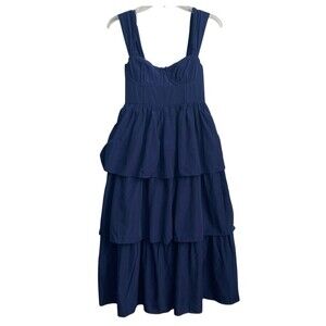 WeWoreWhat Revolve NWT Corset Tiered‎ Poplin Midi Dress Navy Blue Retro Size 0